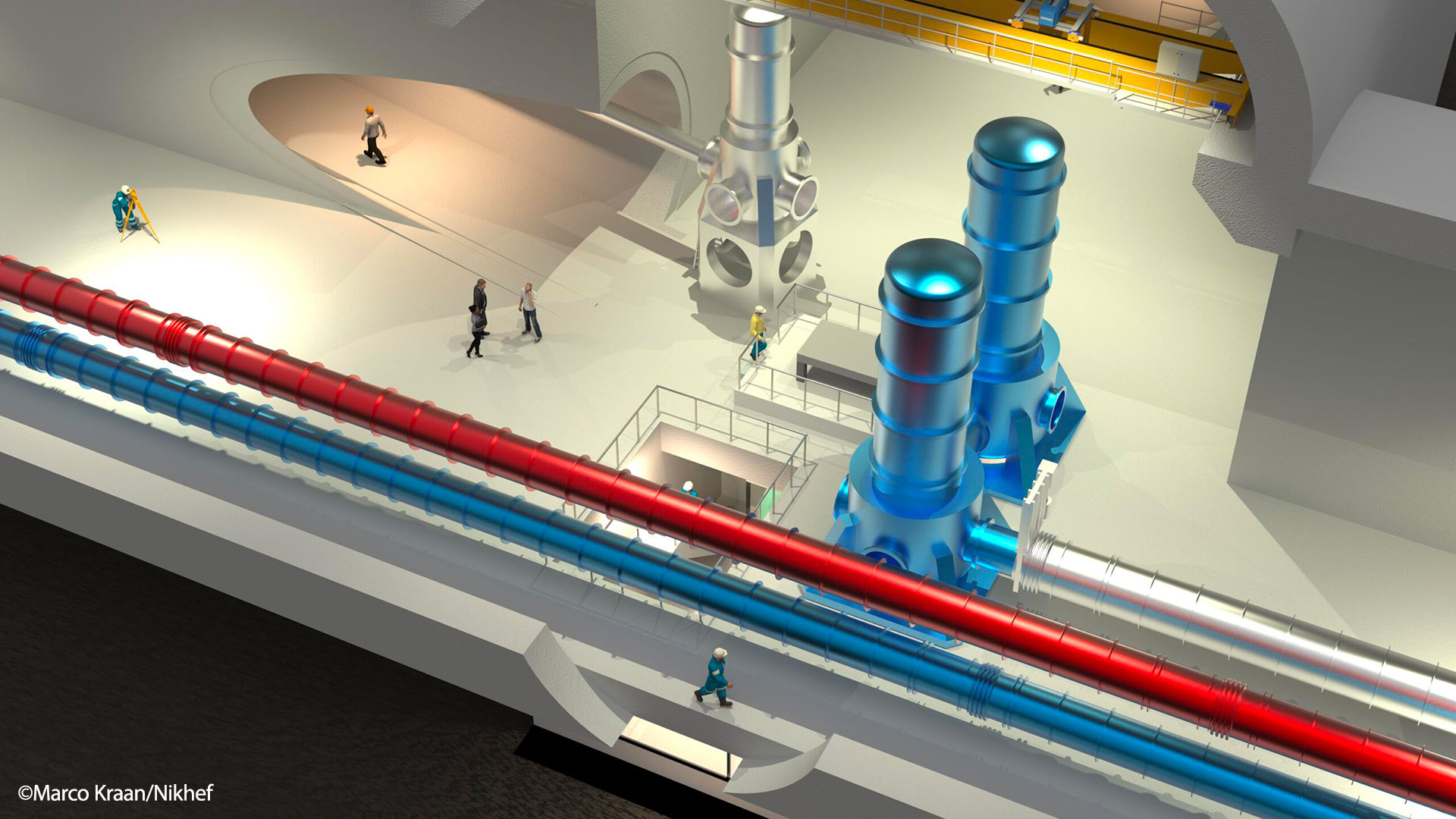 3D rendering of Einstein Telescope: close-up view of an underground tunnel showing the interferometer arms (red and blue tubes) and cryogenic equipment (blue cylinders) at the center. Human figures show the monumental scale of this gravitational wave detection infrastructure. Credit: Marco Kraan/Nikhef.