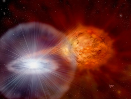 Artist’s illustration of a thermonuclear X-ray burst occurring in a binary system composed of a neutron star (on the left) drawing in matter from a companion star under the influence of its intense gravitational field. Credits: David A. Hardy / SFTC.