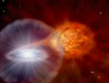 Artist’s illustration of a thermonuclear X-ray burst occurring in a binary system composed of a neutron star (on the left) drawing in matter from a companion star under the influence of its intense gravitational field. Credits: David A. Hardy / SFTC.