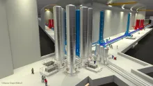 3D rendering of the Einstein Telescope: the underground facility for the future gravitational-wave detector, featuring its giant cryostats and interferometer arms.
