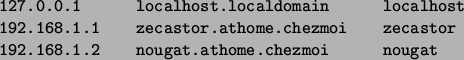 \begin{screen}\begin{tex2html_preform}\begin{verbatim}127.0.0.1 localhost.locald...
...1.2 nougat.athome.chezmoi nougat\end{verbatim}\end{tex2html_preform}\end{screen}