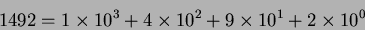 \begin{displaymath}1492=1\times 10^{3} + 4\times 10^{2} +9\times 10^{1} +2\times 10^{0}\end{displaymath}