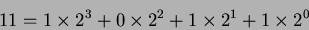 \begin{displaymath}11=1\times 2^{3}+0\times 2^{2}+1\times2^{1}+1\times 2^{0}\end{displaymath}